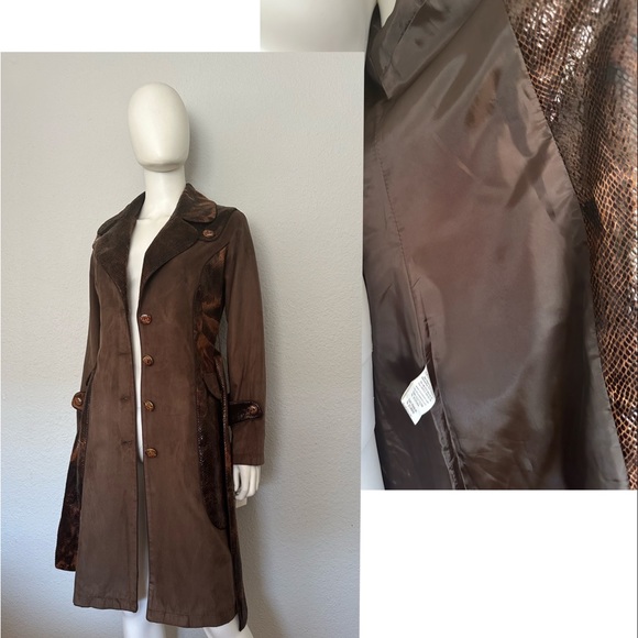 SALE🔥🔥NWT WOMEN TRENCH COAT LINED BELTED COAT ANIMAL PRINT VELOUR JACKET BROWN - Picture 4 of 15